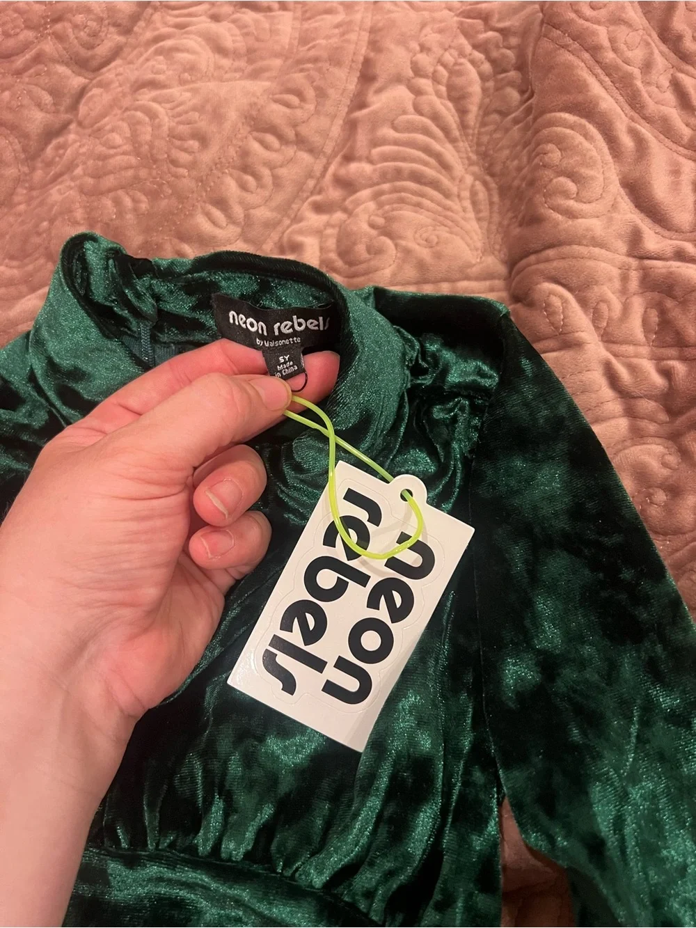 rebels Dark Green Velvet Long-Sleeve Girls Dress